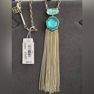 NWT Kendra Scott Tae Long Necklace Turquoise+Iridescent Stones Gold Tone Chain